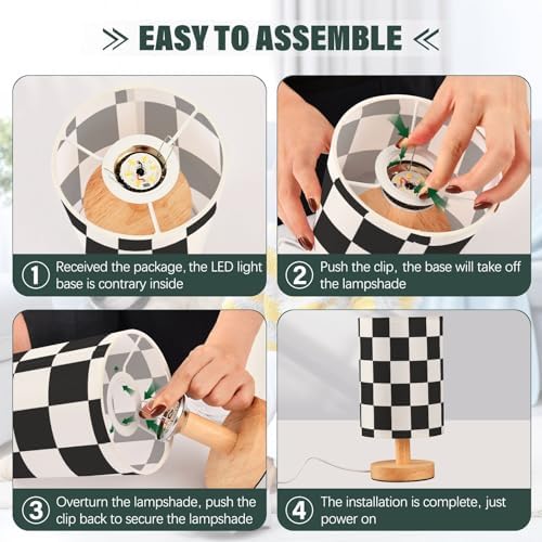 ALAZA Black White Checkered Lamp for Girls Boys Bedroom Bedside Table Lamp with USB Port LED Kids Nightstand Lamp Wood Base Desk Living Room Decor - Image 5