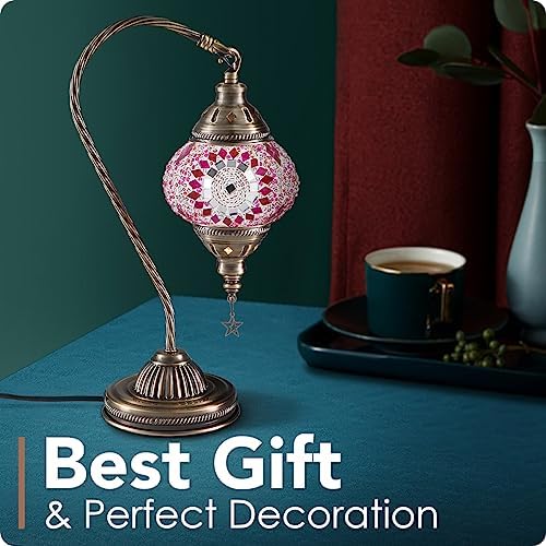 Yarra-Decor Turkish Moroccan Lamp with Bronze Base 3 Color Options Handmade Swan Neck Mosaic Glass Bedside Lamps for Bedroom (LED Bulb Included)(Red1) - Image 3