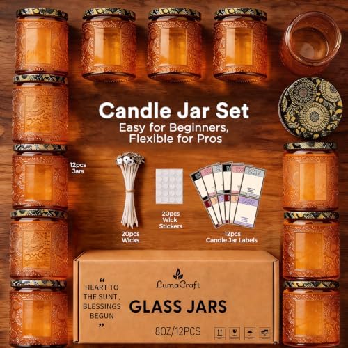 LumaCraft Luxury Embossed Glass Candle Jars for Making Candles - 12 Pack Empty Candle Containers with Lids, 20 Wicks & 20 Stickers, Colored Glass Jars for Gifts & Decor - Image 2