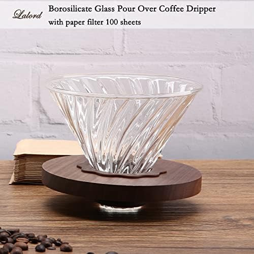 Lalord Pour Over Coffee Dripper with 100 pcs Size 02 Paper Filter, Walnut Handle and Borosilicate Glass, Glass Coffee Dripper, Hold for 1-4 Cups - Image 3