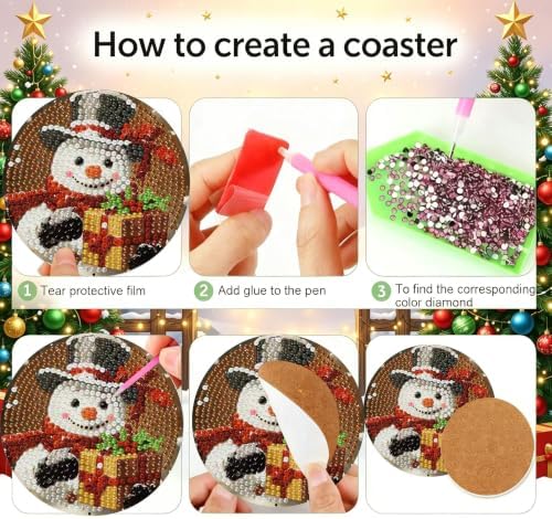 YESUAOOE 8 Pcs Snowman Diamond Art Coasters Kit - DIY 5D Christmas Diamond Painting Coasters with Holder, Mini Diamonds Arts Kits for Adults Coaster, Small Gem Art Arts and Crafts for Adults - Image 6