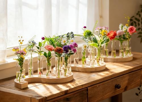 Melphoe Glass Bud Vases Small Flower Vase for Centerpieces Wedding Table Decorations, Home Decor, Propagation Station Plant Terrarium with Wooden Stand, Unique Plant Lover Gifts for Women (Beige) - Image 4