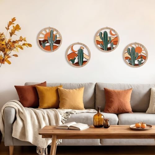 HPNIUB Boho Cactus Wall Decor, Rustic Desert Tropical Botanical Hanging Wood Sign for Living Room, Round Southwest Plant Wooden Plaque, Sun and Moon Wall Art for Apartment Office(10''x10'') - Image 3