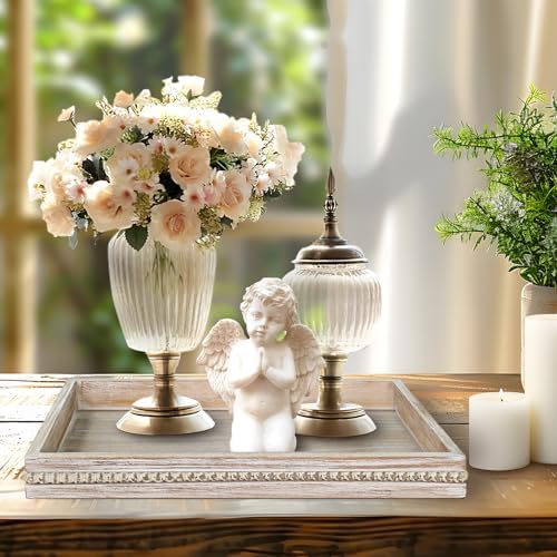 Wooden Decorative Tray, Rectangular Serving Tray with Wood Bead, Farmhouse Big Tray for Ottoman, Countertop, Coffee Tabl, 16.5" x 13"x 1.6" (White Washed) - Image 4