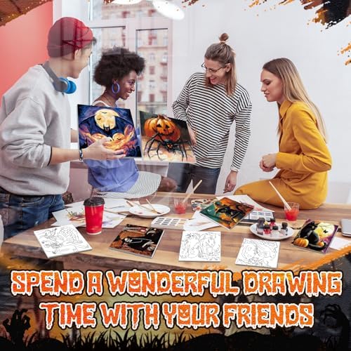 Teling 12 Pcs Halloween Pre Drawn Stretched Canvas Kit for Adults Painting Pre Printed Canvas Outline for DIY Painting Party Favor, 6 x 6 x 0.6 Inches - Image 4