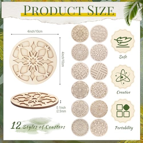Reallnaive Wood Coasters Painting Kit DIY Craft, 12 Pcs, Mandala - Image 2