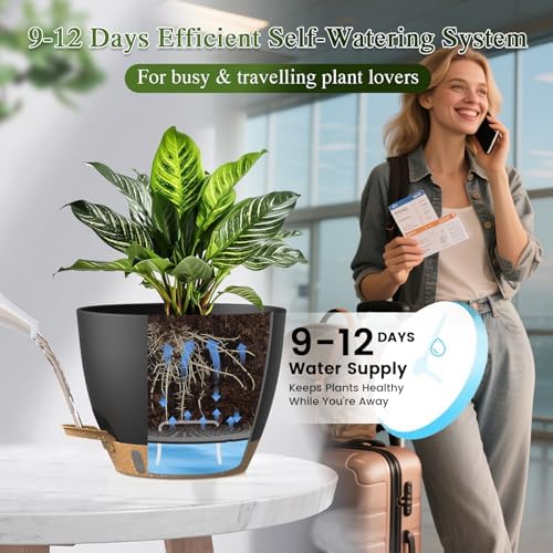 Plant Pots, 1 Pack 12 Inch Self Watering Pots with Drainage Holes, Water Level Indicator Deep Reservoir, Large Planters for Indoor Outdoor Plants - Black Brown - Image 4