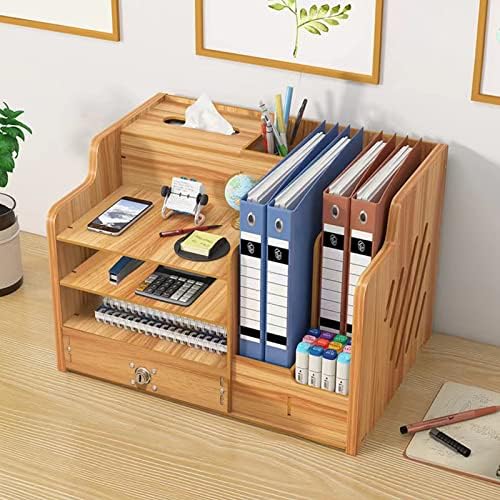 Bamboo Desk Organizer, Desktop Wood Bookshelf File Organizer, Pen Holder and Tissue Holder, 1 Drawer with lock for Office, Home, Need to Install(Cherry Wood) - Image 6