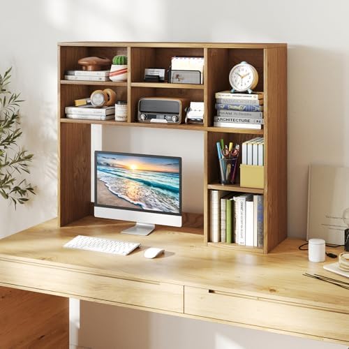 Giantex Desktop Bookshelf, Desk Hutch Dorm w/ 7 Cubes & 3 Adjustable Shelves, Desk Shelf for Up to 27" Computer Monitors, Wooden Desktop Storage Organizer for Dorm College Office Homem, Natural - Image 2