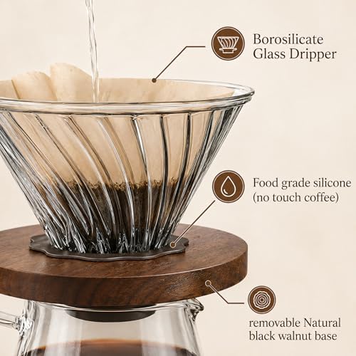 Glass Pour Over Coffee Dripper with Solid Walnut Base, V60 Style Manual Drip Coffee Maker, 1–4 Cup (20oz) Borosilicate Glass Brewer for Home and Office - Image 4