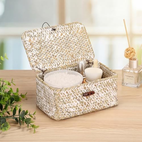 Hipiwe Mini Seagrass Shelf Basket with Lid Decorative Woven Box, 7x4.3x3.3" - Image 2