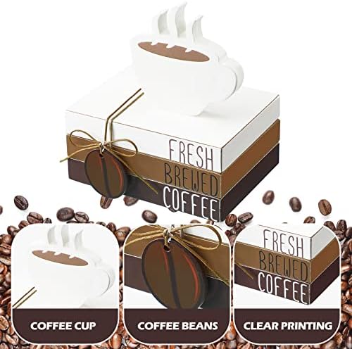 Yookeer 4 Pcs Coffee Bar Decor Accessories Coffee Signs Mini Wooden Book Stacks Cafe Shop Decoration for Tiered Tray Table Shelf Rustic Farmhouse Home Decor - Image 2