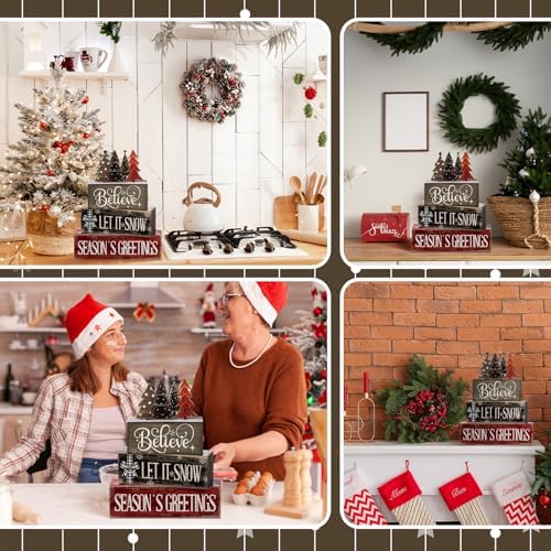 Moucuny 4 Pcs Christmas Decor Wooden Block Signs for Tiered Tray Table - Image 6