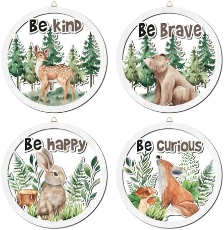 HPNIUB Woodland Nursery Wall Decor, Inspirational Girl Room Hanging Sign, 4 Pieces 10''x10'' Jungle Animals Wooden Decoration for Kids, Cartoon Fox Bear Art Sign for Teens Toddler Boy Baby Playroom by HPNIUB