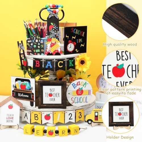 Mifoci 19 Pcs Back to School Tiered Tray Decor Wood Signs Centerpiece - Image 4