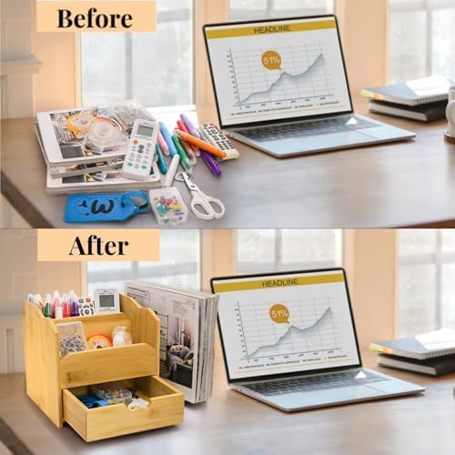 ZAVOOS Bamboo Desk Organizer with Drawer Pen Holder, 5 Compartments - Image 5