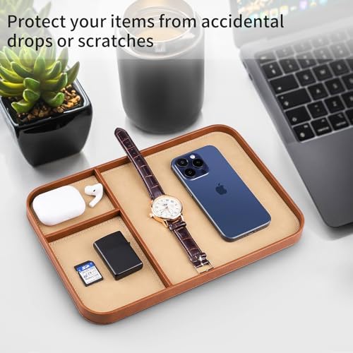 SENEN Leather Tray, Stylish and Organized Multifunctional Tray, for Table Entryway, Premium PU Leather, Catchall Tray for Keys, Watch, Wallet, Jewelry, and More (Brown Frame) - Image 3
