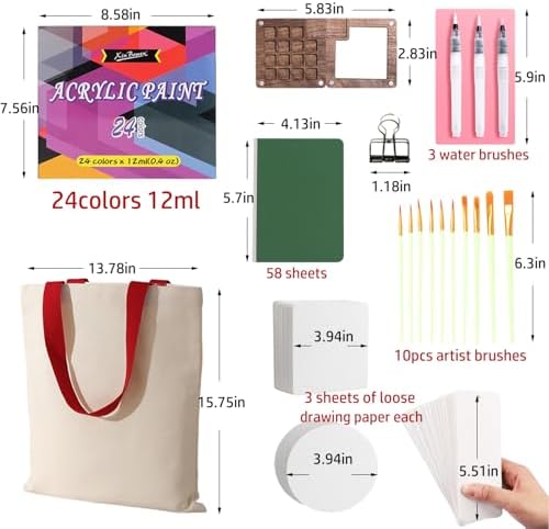 fsdyknej Portable Painting Kit for Adults, Travel Art Set with Mini Wooden Palette, Canvas Tote Bag, Brushes, Blank Cards and Bookmarks for DIY Creative Projects - Image 6