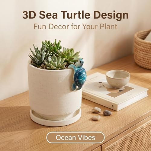 Ceramic Plant Pot with Resin Climbing Tortoise Figure, 5.75 Inch,White - Image 4