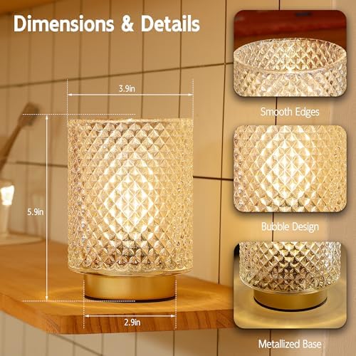 2 Pack Battery Decorative Operated Lamp,Small Accent Table Lamp with Timer for Bedside/shelf,Cordless Glass Ambience Lamp with Warm White Glow for Bookshelf/Entryway/Tabletop Decor(Iridescent Clear) - Image 6