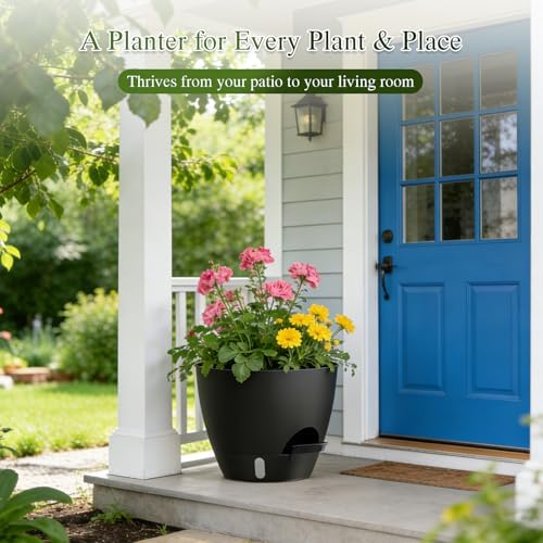 Plant Pots, 1 Pack 12 Inch Self Watering Pots with Drainage Holes, Water Level Indicator Deep Reservoir, Large Planters for Indoor Outdoor Plants - Black - Image 5