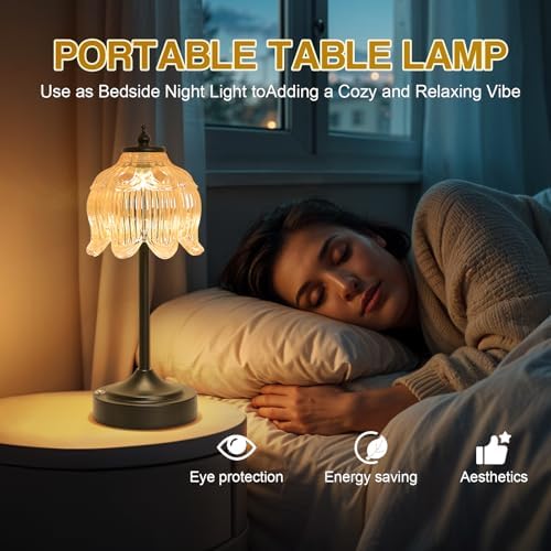 Cordless Table Lamp, Rechargeable Amber Glass Lotus Flower Lamp - Image 6