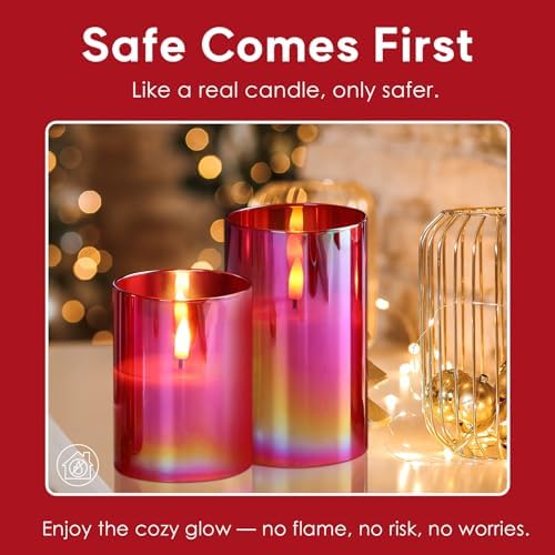 Eywamage Red Glass Flameless Pillar Candles with Remote, Flickering Christmas Battery LED Candles Holiday Decor Set of 3 - Image 6
