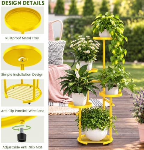 TOSKING Tall 5-Tier Round Metal Corner Plant Stand Indoor, Anti-Tip,Yellow - Image 4