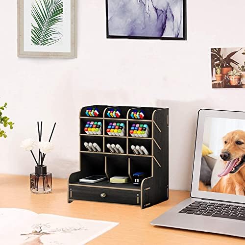 Marbrasse Wooden Desk Organizer, Multi-Functional DIY Pen Holder, Organizer for desk, Desktop Stationary, Easy Assembly, Home Office Art Supplies Storage with Drawer (B11-Black) - Image 2