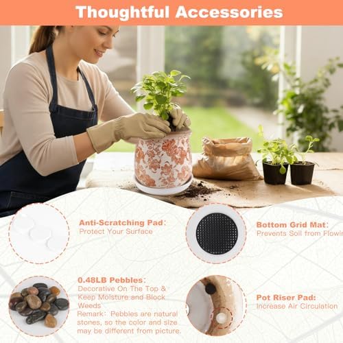 Ceramic-Planters-for-Indoor-Plants with Saucer, 6 inch Vintage Ice Crackle Glaze Plant Pots with Drainage Holes, Decorative Flower Pots for Outdoor Garden Home Decor, Tuscan Pot for Plant - Image 5