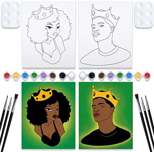 VOCHIC 2 Pack Paint and Sip Kit Pre Drawn Canvas to Paint for Adults Stretched Canvases Painting Party Art Set Couples Date Night Games Afro Queen King 8x10 Inches by VOCHIC