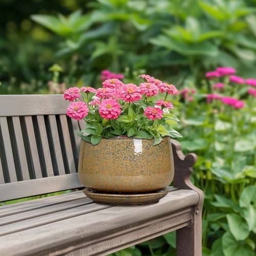 G EPGardening 7 Inch Ceramic Pots for Plants - Ceramic Planters for Indoor Outdoor Plants, Round Plant Pots with Drainage and Saucer, Modern Planter, House Decor, Plant Lover Gifts, Speckled Brown - Image 4