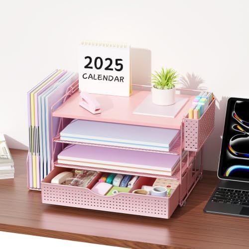 gianotter Wood Desk Organizers and Accessories with File Holder, 4-Tier Desk Accessories & Workspace Organizers with Drawer and Pen Holder, Desk Reference Organizer (Pink, 4T with Drawer) - Image 5