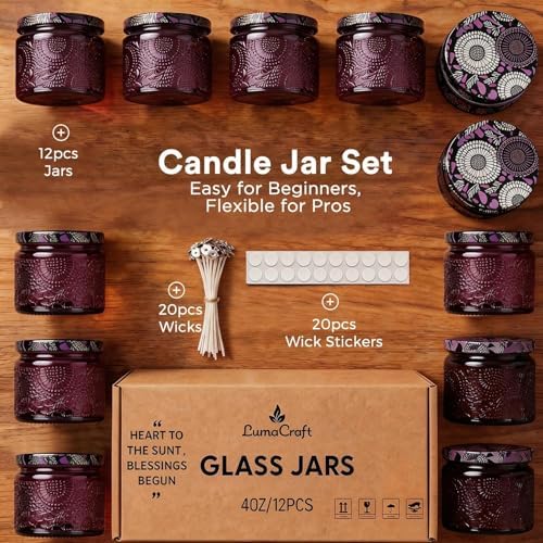 LumaCraft Luxury Embossed Glass Candle Jars for Making Candles - 12 Pack Empty Candle Containers with Airtight Metal Lids, 20 Wicks & 20 Stickers, Colored Glass Jars for Gifts & Decor-4oz - Image 2