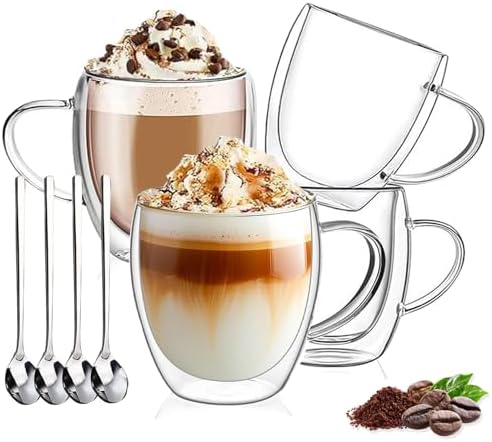 DINGPAI 4 Pack Double Wall Glass Coffee Mugs, 8oz Borosilicate Glass Mug by DINGPAI