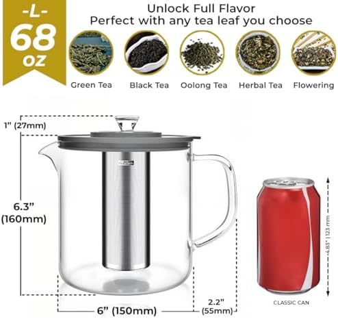 Aquach 68oz Glass Tea Pot with Infuser, Stovetop Safe Borosilicate Teapot - Image 4