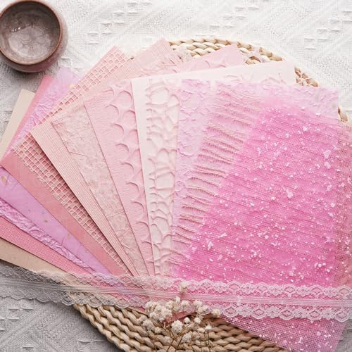 15Pcs Handmade Scrapbook Art Craft Textured Paper Colorful A5 sheet Mesh Special Paper Mix for Scrapbooking Junk Journal Journaling Supplies DIY Materials,5.8x8.2 inches (Pink) by LewuwoPoing