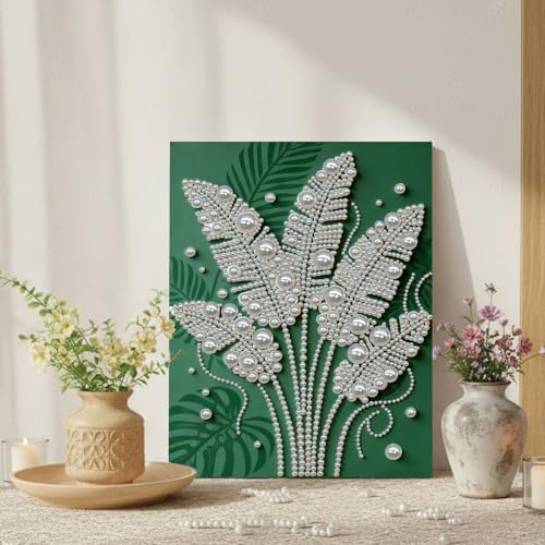 DIY Pearl Painting with Frame, Creative Design, Handmade Stress-Relieving Home Wall Decoration, Includes Frame and Tools-Monstera Leaves - Image 6