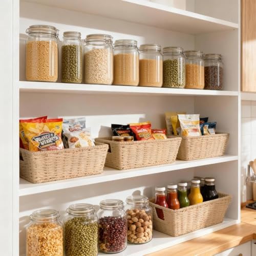 Paper Rope Storage Baskets for Shelves Organizing, Small Hand Woven Wicker Organizer Basket with Handle for Bathroom Toilet Paper Storage, Beige, 3-Pack - Image 6