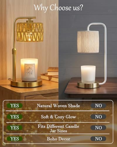 Candle Warmer Lamp with Timer, Dimmable Candle Warmer for Jar Candles, Height Adjustable Candle Lamp Warmer, Boho Rattan Lampshade and 2 Bulbs, Gift for Home Room Decor, Gifts for Women Mom (Gold) - Image 4