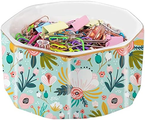 Ceramic Paper Clip Holder Gold Line Paper Clip Dispenser Organizer for Desk Cute Floral Pattern Office Binder Clip Holder Bobby Pin and Hair Clip Holder Gift for Office Mint Flowers by LEAZUL