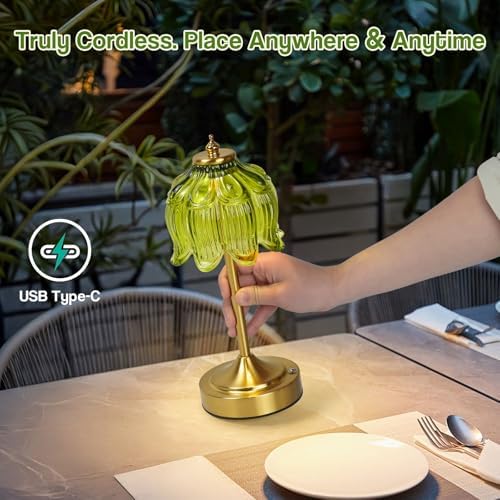 Cordless Table Lamp, Rechargeable Green Glass Lotus Flower Lamp - Image 2