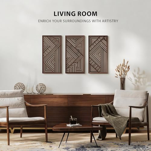 VIYYIEA Boho Solid Wood Carved Wall Art Set of 3, Geometric Minimalist Wooden Home Decor Panels, Handcrafted Solid Wood Wall Hanging for Living Room Bedroom Hallway, 16 x 8 Inch Each (Geometry II) - Image 5