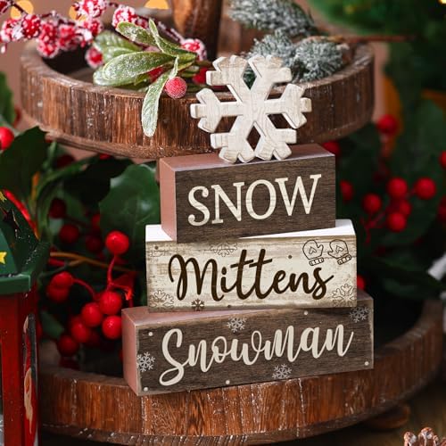 Moucuny 4 Pcs Wooden Snowman Block Signs Farmhouse Table Decoration - Image 2