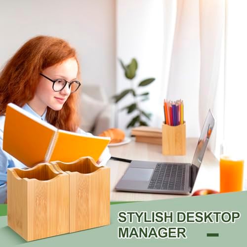 Henoyso 2 Pcs Bamboo Wood Pen Holder Wavy, Square Desktop Organizer - Image 3