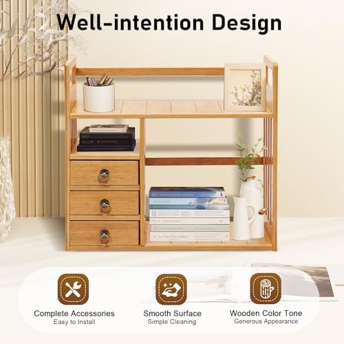 Desktop Bookshelf, 19.7" Desktop Organizer Shelf Desk Hutch for Computer Desk 2 Tier Desk Shelf Multifunctional Freestanding Storage Rack Display Shelf with 3 Drawers for Home Office - Image 4