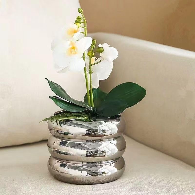 Ceramic Plant Pot Indoor, 6.5 Inch Flower Pot with Drainage Hole, Tiered Bubble Design Ceramic Planter for Home & Office Decor (Silver) - Image 2