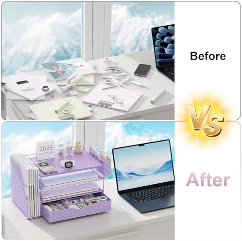 Wood Desk Organizers and Accessories with File Holder, 4-Tier Desk Accessories & Workspace Organizers with Drawer and Pen Holder, Desk Reference Organizer (Purple, 4T with Drawer) - Image 2