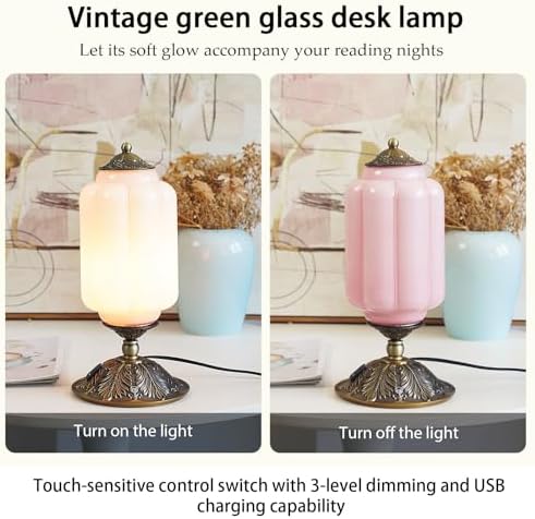 Vintage Pink Milk Glass Touch Bedside Lamp, 3-Way Dimmer, USB-C+A - Image 2