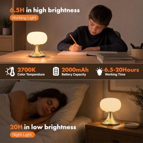 Cordless Mushroom Table Lamp - Stepless Dimming - 2700K Warm Light - Gold - Image 4